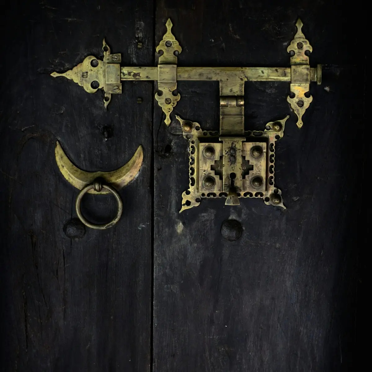 Aged brass hardware on a near-black timber door