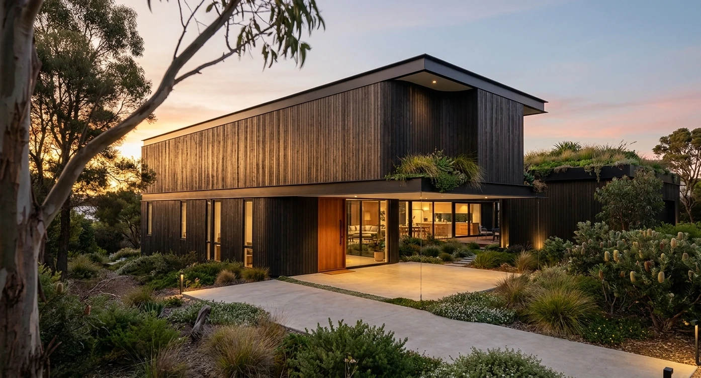 Hail Mary — entry elevation at sunset (design render)