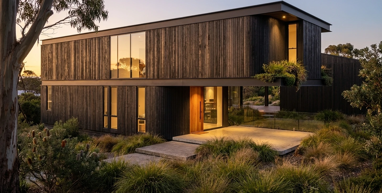 Hail Mary — the long north face, charred timber over glass (design render)